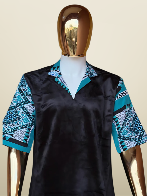 Bold Black and Teal Patterned Shirt Ensemble - Image 2