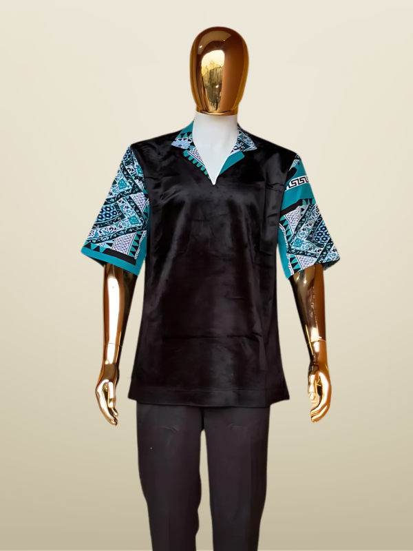 Bold Black and Teal Patterned Shirt Ensemble