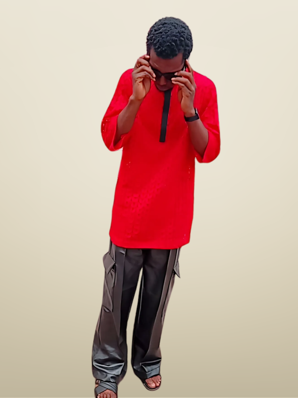 Vibrant Red Tunic & Sleek Black Trousers